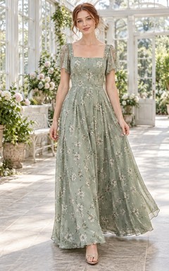 Vestido de dama de honor de gasa con escote cuadrado, mangas abullonadas y corte en A, color verde salvia, estampado floral.