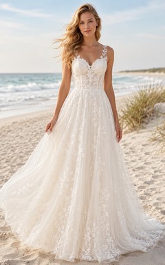 Leichtes Brautkleid im Küsten- und Strandstil mit V-Ausschnitt und Spitze in A-Linie