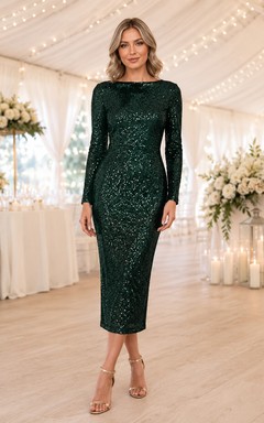 Robe midi fourreau à sequins vert foncé, manches longues, style bateau