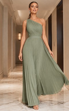 Sage Green Sleeveless Square Neck Pleated Floor-Length Chiffon A-Line Dress