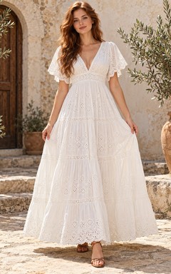 Robe d'invitée de jardin vintage en dentelle ajourée, col V et manches papillon, longueur cheville