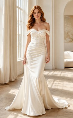 Satin Off-the-shoulder Ruched Floor-length Sweep Train Mermaid Bridal Gown
