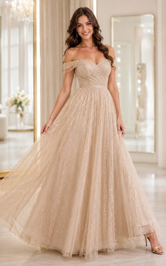 Champagne Off-Shoulder Glitter Tulle Ball Gown Floor-Length Luxury Romantic Abendkleid Dress