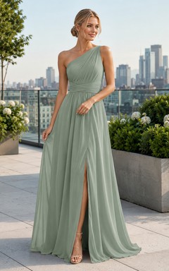 Rooftop Evening Formal Sage Simple Elegant A-Line Chiffon Bridesmaid Dress with One-Shoulder Sleeveless Floor-Length Slit Skirt Pleated Open Back