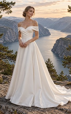 Vestido de novia de satén con escote Bardot, corte en A, corpiño cruzado simulado y cola redondeada.