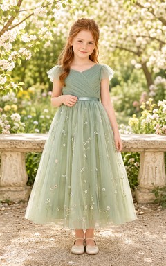 Sage Flower Girl Dress Bohemian Ankle-Length A-Line V-Neck Flutter Sleeve Ruched Tulle Wildflower Embroidery
