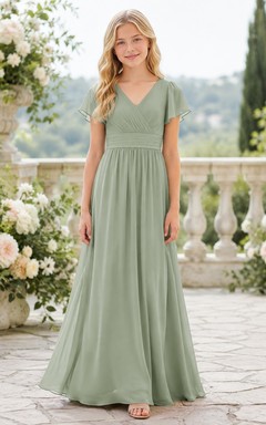 Celadonfarbenes Brautjungfernkleid für junge Damen, A-Linie, V-Ausschnitt, kurze Ärmel, plissiert, elegant