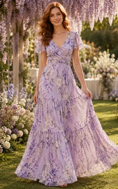 Lavender floral flutter sleeve tiered chiffon A line bridesmaid gown