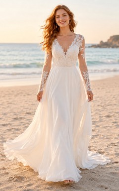 Chiffon Lace Wedding Dress A-Line V-Neck Long Sleeve Sweep Train Bridal Gown