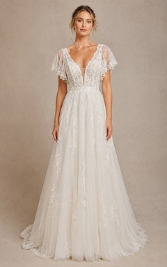 Ivory V-neck Tulle A-line Wedding Dress with Lace