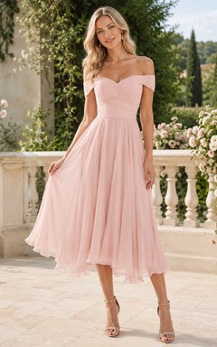 Petal Reception Blush A-Line Tea-Length Off-Shoulder Short-Sleeve Chiffon Romantic Bridesmaid Dress