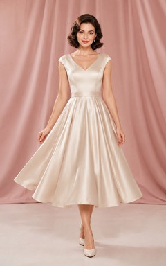 Champagne V Neck Cap Sleeve Satin Tea Length Wedding Dress
