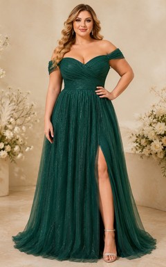 Plus Size Split Dark Green A-Line Floor-length Off-the-shoulder Short Sleeve Tulle Romantic Sexy Prom Evening Formal Reception Dress