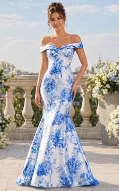 Blue White Floral Pattern Off-Shoulder Satin Mermaid Sweep Train Luxury Prom Dress