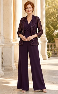 Jumpsuit aus Mutterpflaumenspitze mit V-Ausschnitt-Spitzenjacke und weit geschnittener Hose