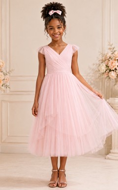Candy Pink Junior Bridesmaid Dress A-Line Tea-Length V-Neck Sleeveless Pleated Skirt Romantic