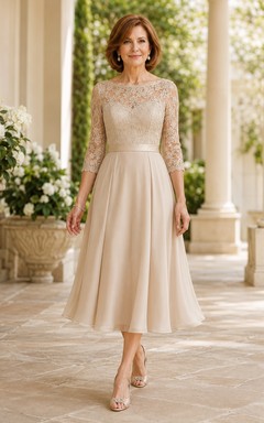 Romantisches, zierliches Champagner-Spitzenkleid mit Illusion-Ausschnitt, Dreiviertelärmeln, A-Linien-Schnitt und Teelänge aus Satin