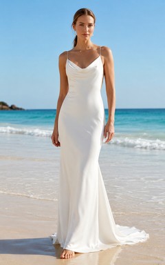 Minimal Cowl Neck Spaghetti Satin Sheath Sweep Open Back Wedding Dress