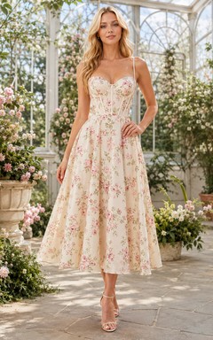 Light Floral Corset Bodice Spaghetti Strap Midi Dress