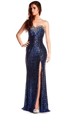 Robe de bal sans manches à sequins et décolleté en cœur fendu sur le devant