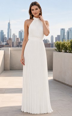 Weißes, trägerloses, hochgeschlossenes, plissiertes Chiffon-Abendkleid in A-Linie für festliche Anlässe