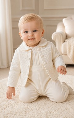 Traje de bautismo acolchado color marfil con cuello Peter y manga larga para bebé niño
