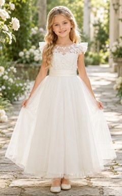Robe de demoiselle d'honneur en dentelle champagne et tulle, coupe trapèze, manches courtes, col rond, longueur midi, nœud dans le dos