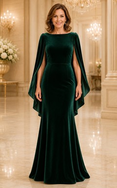 Dunkelgrünes Samt-Meerjungfrauenkleid für Mütter mit drapierten Cape-Ärmeln