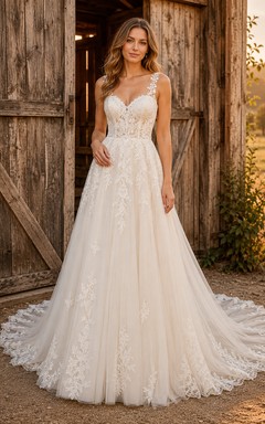 Rustic A-Line Tulle Wedding Dress with Lace Appliques