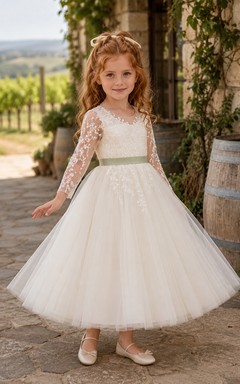 Ivory Tea-Length Ball Gown Flower Girl Dress with Long Lace Sleeves, Scoop Neck, Sage Bow and Button Back