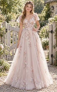 Country Blush V-neck Floral Applique Cap Sleeve A-line Birthday Gown