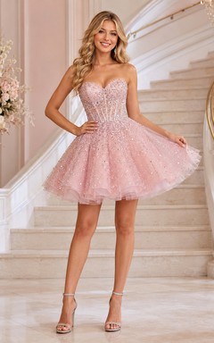 Robe de bal de fin d'année Blush Luxury courte bustier cœur en tulle pailleté corset Sweet Sixteen