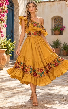 One Shoulder Yellow Floral Embroidered Waist Ruffle Cumbia Dress