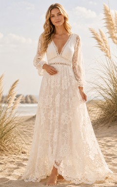 Vestido de invitada largo hasta los tobillos, color marfil, con escote en V, manga larga, encaje Poet Lace y corte en A.
