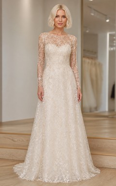Vestido de novia modesto de manga larga y cuello alto con encaje para novias mayores