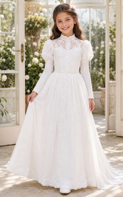 Edwardianisches Kommunionsballkleid mit Puffärmeln und langen Ärmeln aus Spitze