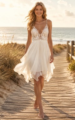 Vestido de novia bohemio de gasa con escote en V y tirantes finos, estilo tirantes asimétricos, ideal para la recepción o ceremonia en la playa.