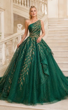 Dark Green Gold Luxury One Shoulder Embroidered Quinceanera Princess Chapel Train Ball Gown