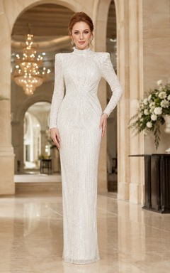 Modest Sparkling High Neck Long Sleeve Sequin Sheath Floor-Length Evening Gown