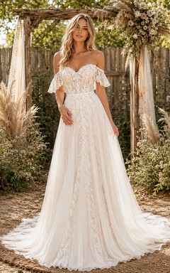 Vestido de novia formal de corte A con hombros descubiertos, estilo bohemio romántico.