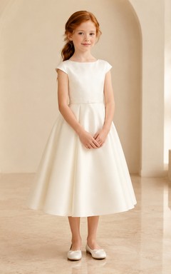Cap Sleeve Satin A-Line Flower Girl Dress with Knee-Length Skirt and Pleated Skirt