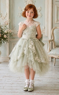 Flower Girl Dress A-Line Celadon Floral Lace Tulle High Low Bow
