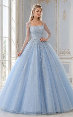 Sky Blue Modest Square Neck Long Illusion Sleeve Glitter Quinceanera Princess Ball Gown