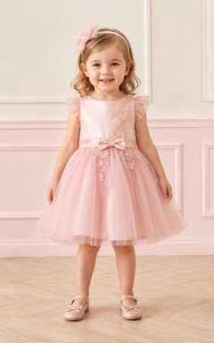 Adorable Blushing Pink Tulle Jewel Neck Cap Sleeve Floral Bow A-Line Flowergirl Dress