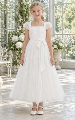 Square Neck Simple White Pleated Flutter Sleeve Ankle-length A-Line Tulle Satin Ribbon Bow Flowergirl Dress