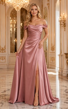 Dusty Rose Grand Ballroom Wedding Guest Bridesmaid Evening Formal Dress A-Line Floor-Length Off-Shoulder Sweetheart Neck Sleeveless Satin Ruched Leg Slit Zipper Back