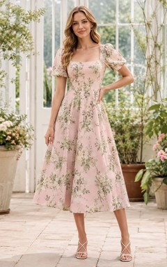 Robe d'invitée en mousseline de soie à imprimé floral rose poudré, col carré, coupe trapèze, longueur thé et manches courtes, encolure carrée