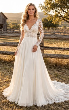Robe de mariée champêtre en dentelle, coupe trapèze, col en V, manches longues, traîne chapelle
