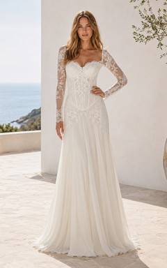 Vestido de novia bohemio de manga larga estilo tubo con cintura baja y encaje