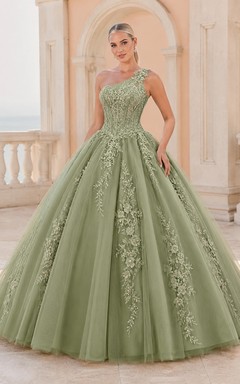 Robe de bal de princesse élégante en tulle vert sauge à une épaule, ornée d'appliqués floraux, pour quinceañera.